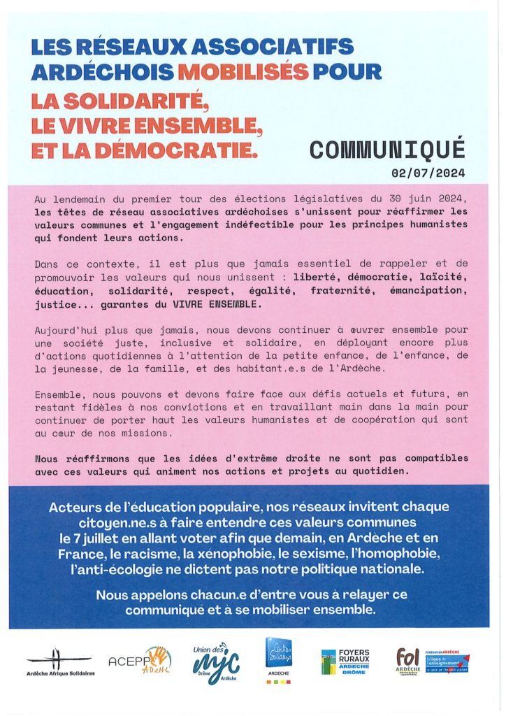 Suite aux résultats du premier tour des élections législatives plaçant les élus du Rassemblement National en tête, les responsables des réseaux associatifs ont souhaité rédiger un communiqué afin de réaffirmer les valeurs fondamentales de nos structures.